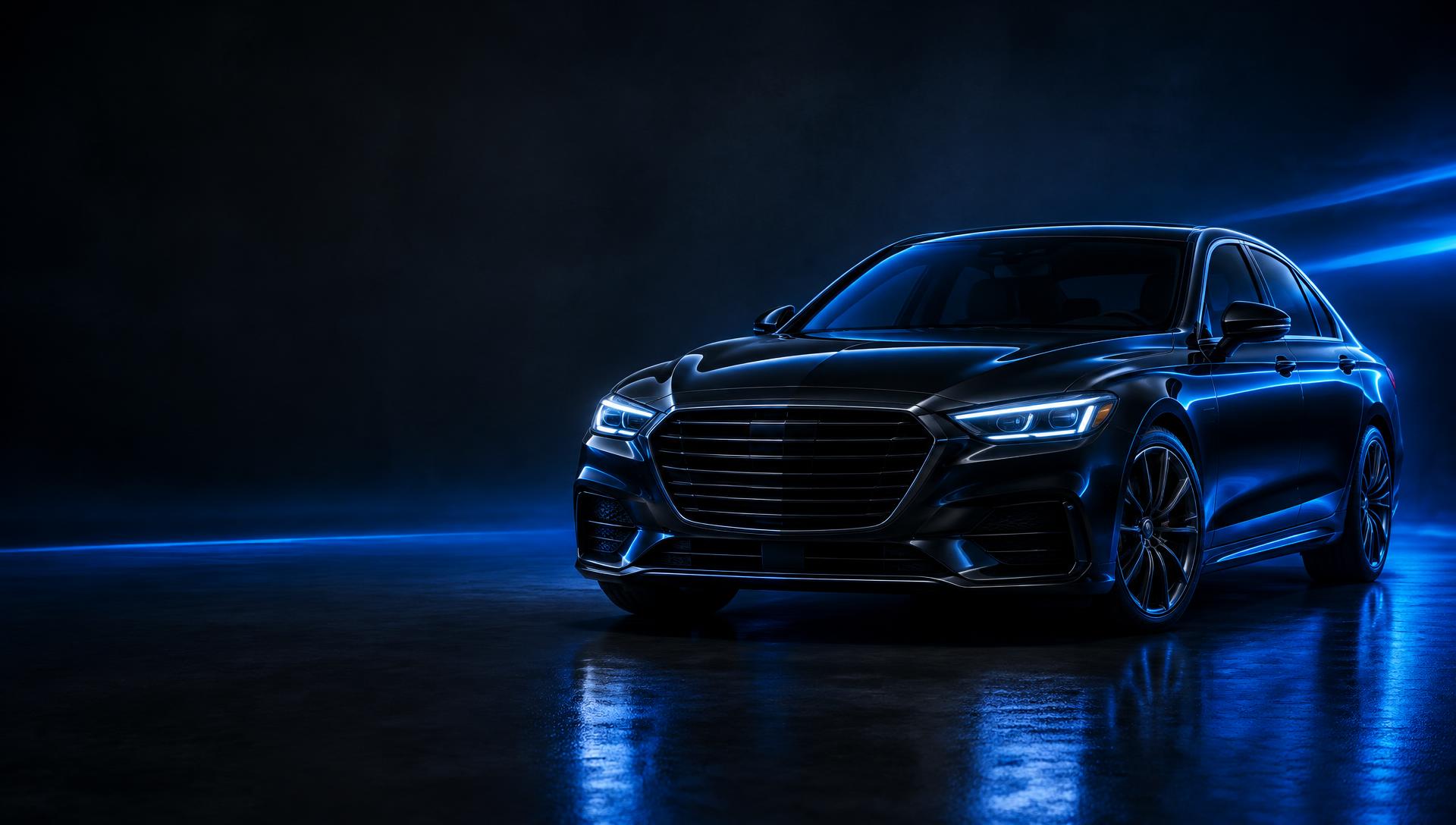 Black premium sedan under dramatic blue studio lighting